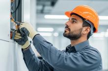 Commercial electrician repairing electrical systems in a business environment