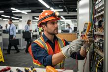Emergency electrician working on electrical equipment in a commercial setting, showcasing reliability and urgency