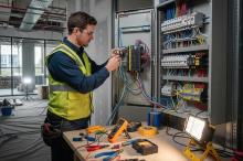 Licensed electrician performing commercial electrical installation with tools in a professional setting