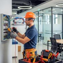Commercial electrician inspecting wiring systems in a business environment