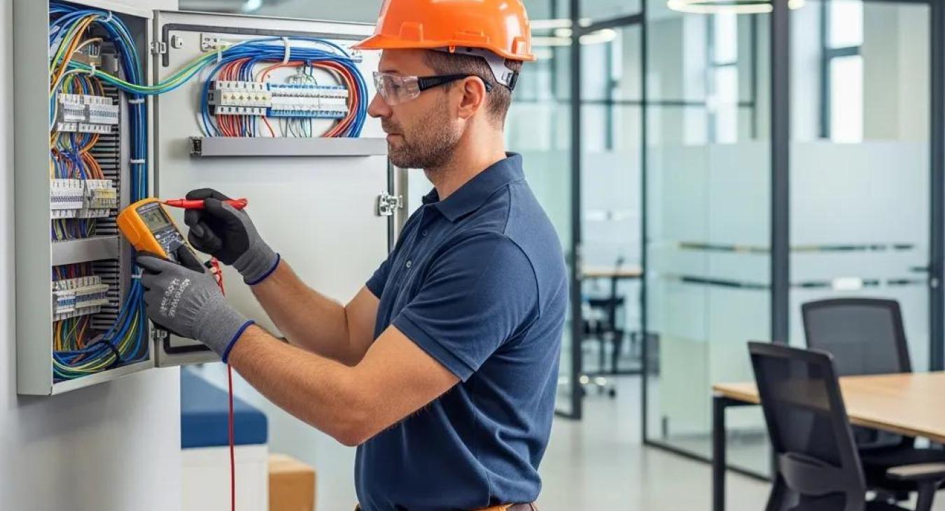 Commercial electrician inspecting wiring systems in a business environment