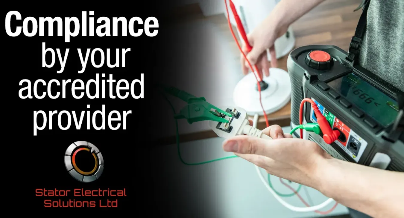 Hands holding electrical testing equipment with text about compliance.