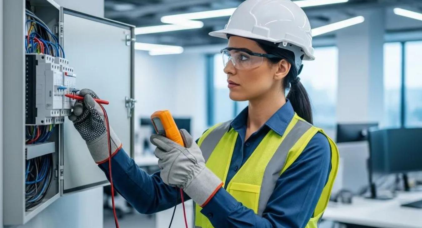 Commercial electrician inspecting electrical systems in a modern office