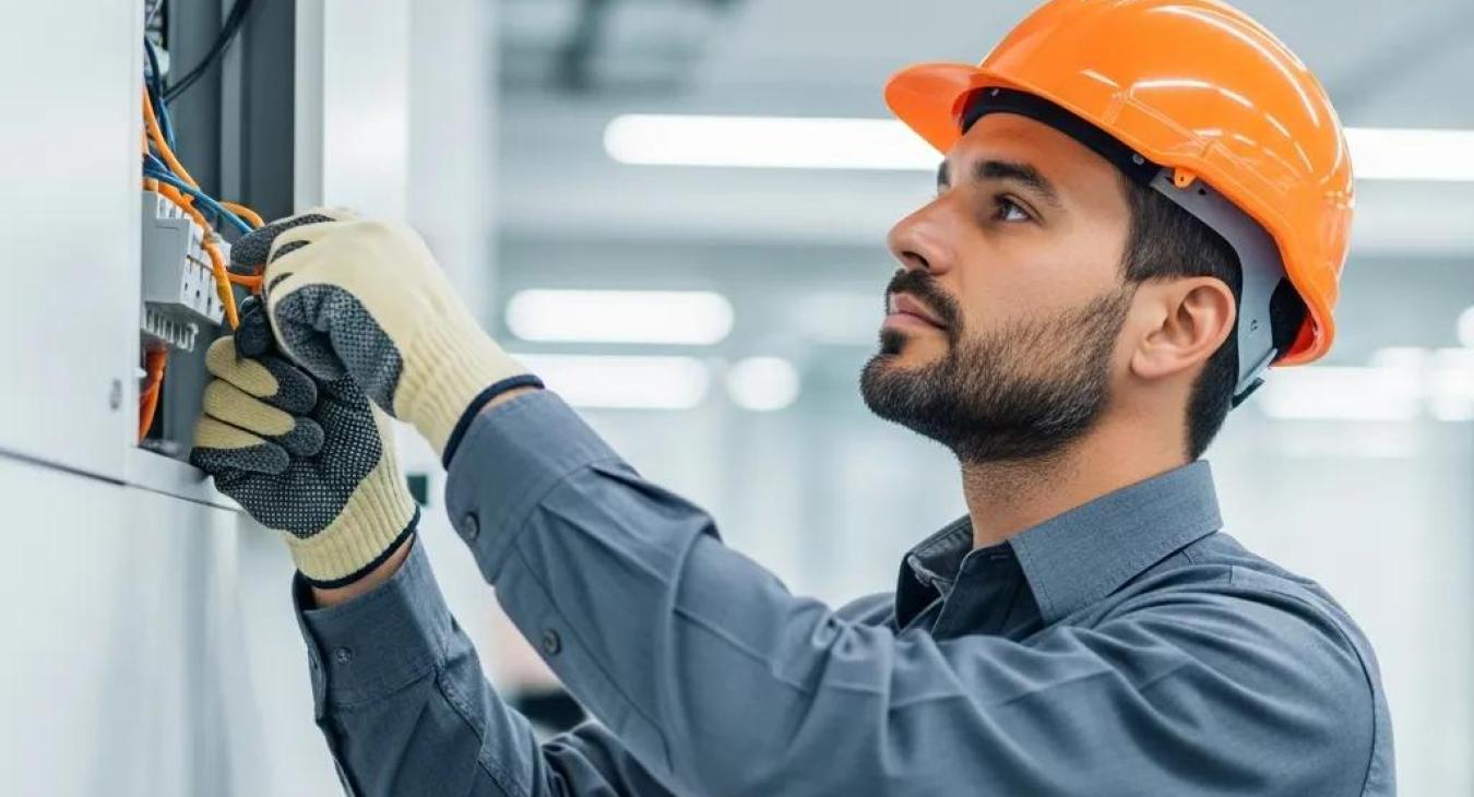 Commercial electrician repairing electrical systems in a business environment