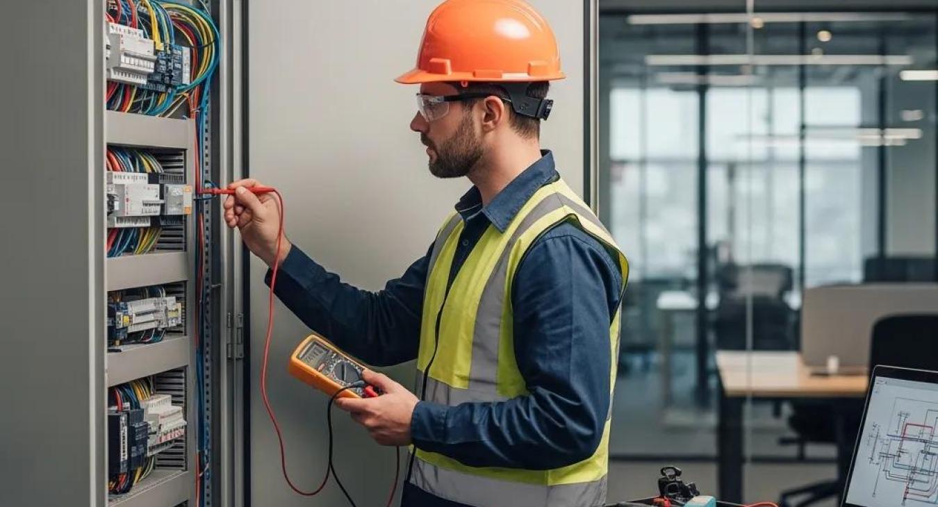 Electrician inspecting commercial electrical systems in a modern office