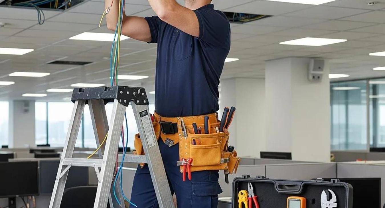 Electrician installing commercial electrical systems, highlighting expertise and safety