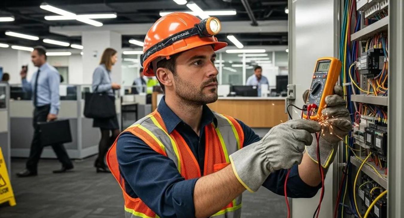 Emergency electrician working on electrical equipment in a commercial setting, showcasing reliability and urgency