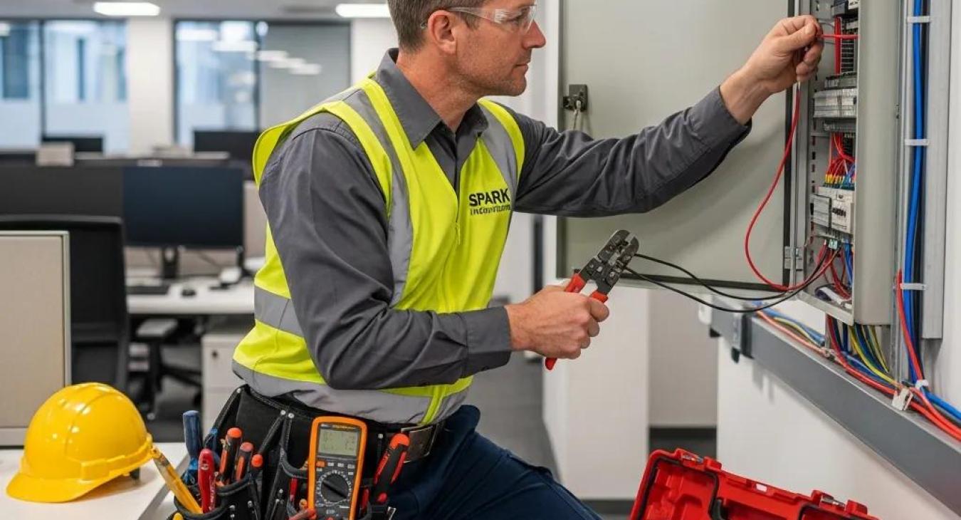 Licensed electrician performing commercial electrical installation with tools in a modern office