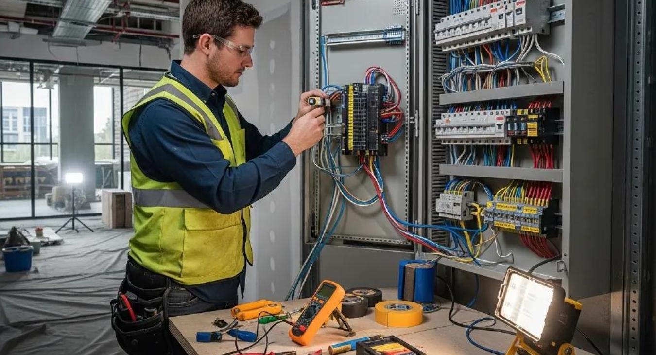 Licensed electrician performing commercial electrical installation with tools in a professional setting
