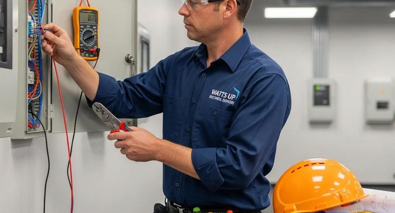 Local electrician performing electrical installation in a commercial setting